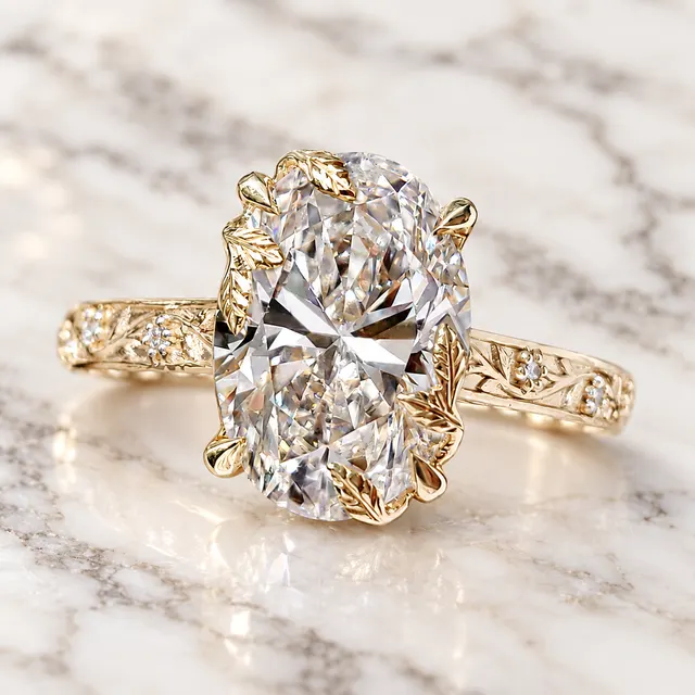 Oval Lab Grown Diamond Engagement Ring Nature Vintage Euro Shank 14K White Gold IGI Certified 2 Carat
