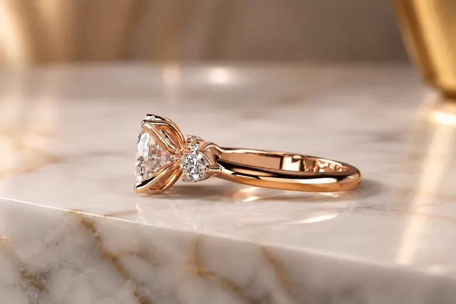 Round Lab Grown Diamond Engagement Ring Three Stone 14K Rose Gold – Floral Prong Setting - alternate view