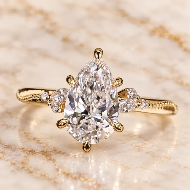 Pear Lab Grown Diamond Engagement Ring Vintage Side Stone 14K Yellow Gold IGI Certified 1.5 Carat