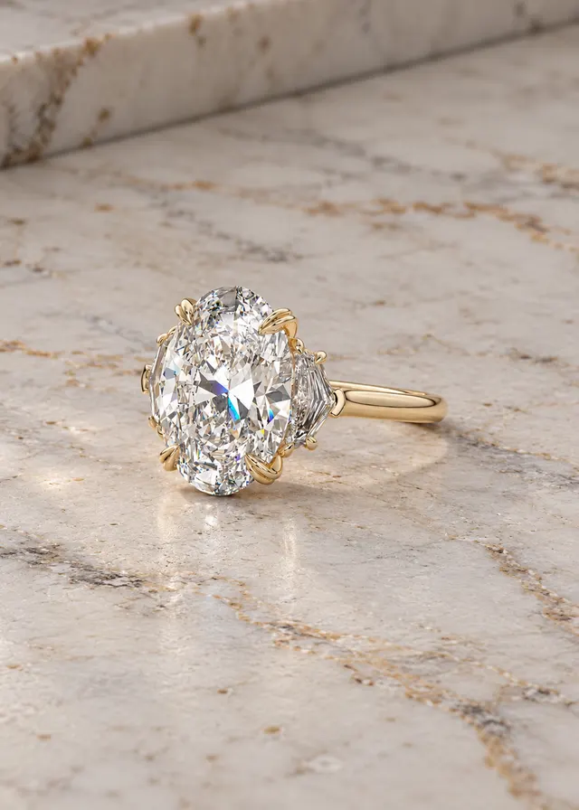 Oval Lab Grown Diamond Engagement Ring Three Stone Cadillac 14K Yellow Gold IGI Certified - alternate view