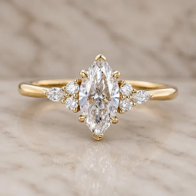 Marquise Lab Grown Diamond Engagement Ring Side Stone 14K White Gold 1 Carat Center Stone