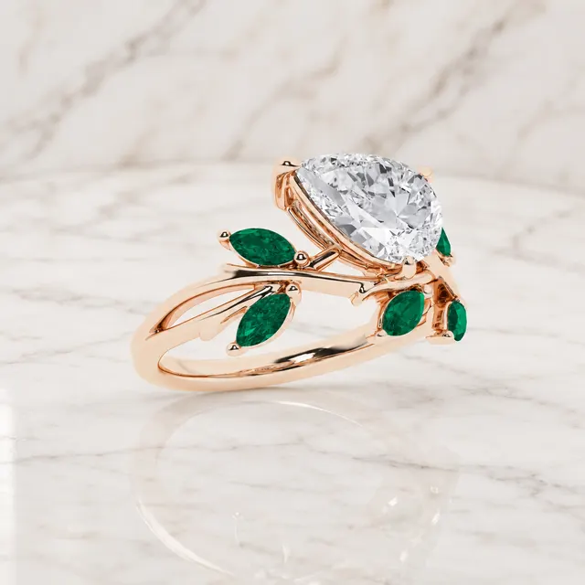 Pear Lab Grown Diamond Engagement Ring Branch Side Stone 14K Rose Gold Marquise Emerald Accents, IGI Certified - alternate view