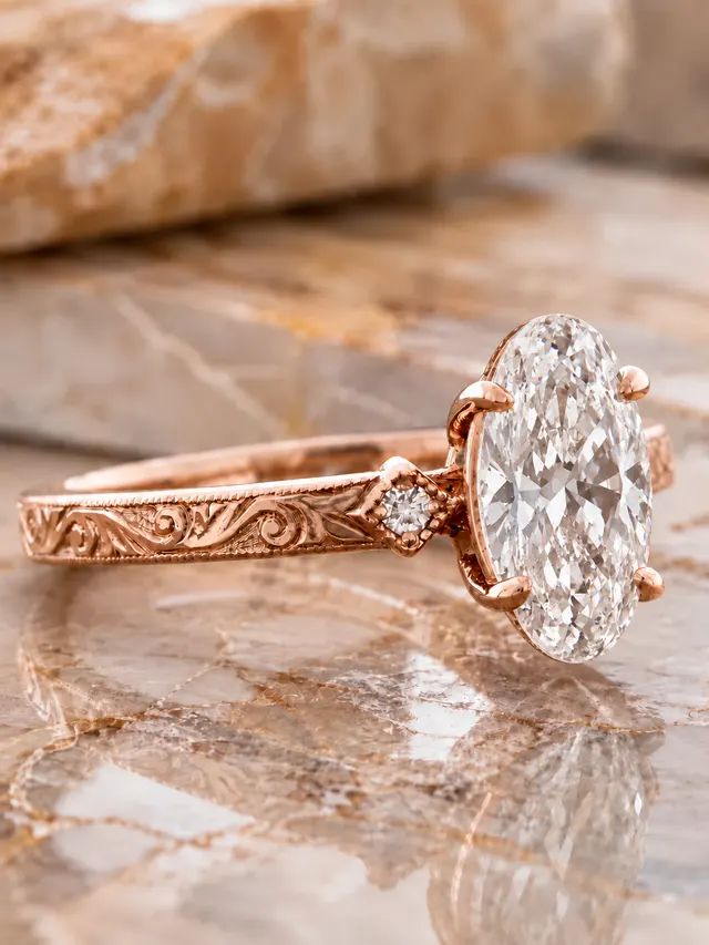 Moval Lab-Grown Diamond Engagement Ring: 14K Rose Gold, Hand-Engraved Vintage Style (IGI Certified) - alternate view