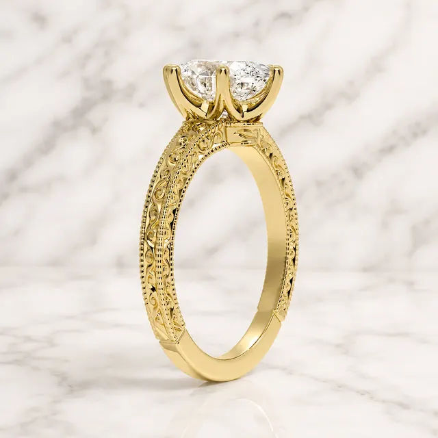 Oval Lab Grown Diamond Engagement Ring Vintage Solitaire 14K Yellow Gold Hand Engraved Milgrain Band - alternate view