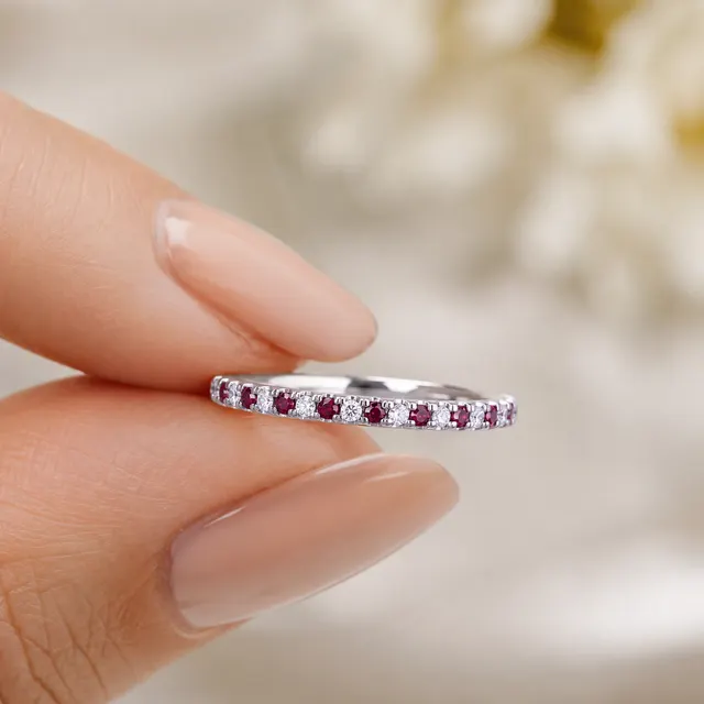 Round Lab Grown Diamond & Ruby Wedding Band Pave 14K White Gold 2.2mm Stackable Ring - alternate view
