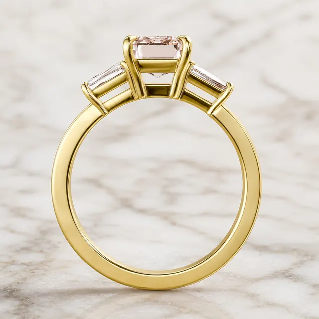 Pink Emerald Cut Lab Grown Diamond Engagement Ring Three Stone Tapered Baguette 14K Yellow Gold IGI Certified - alternate view