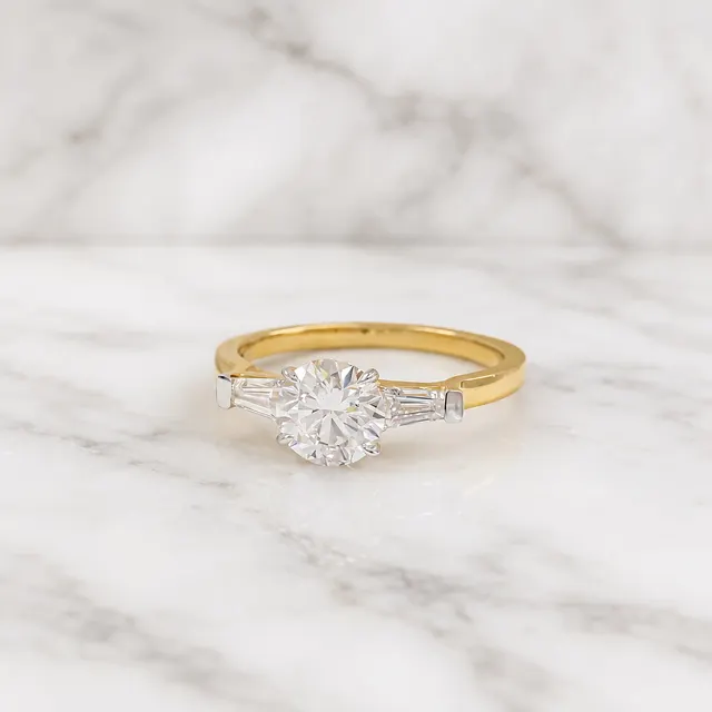 Round Lab Grown Diamond Engagement Ring Three Stone Tapered Baguette 14K Yellow Gold 1.35ct E/VVS2 - alternate view