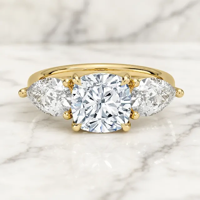 Cushion Lab Grown Diamond Engagement Ring Three Stone 14K Yellow Gold Pear Side Stones 1.3 Carat