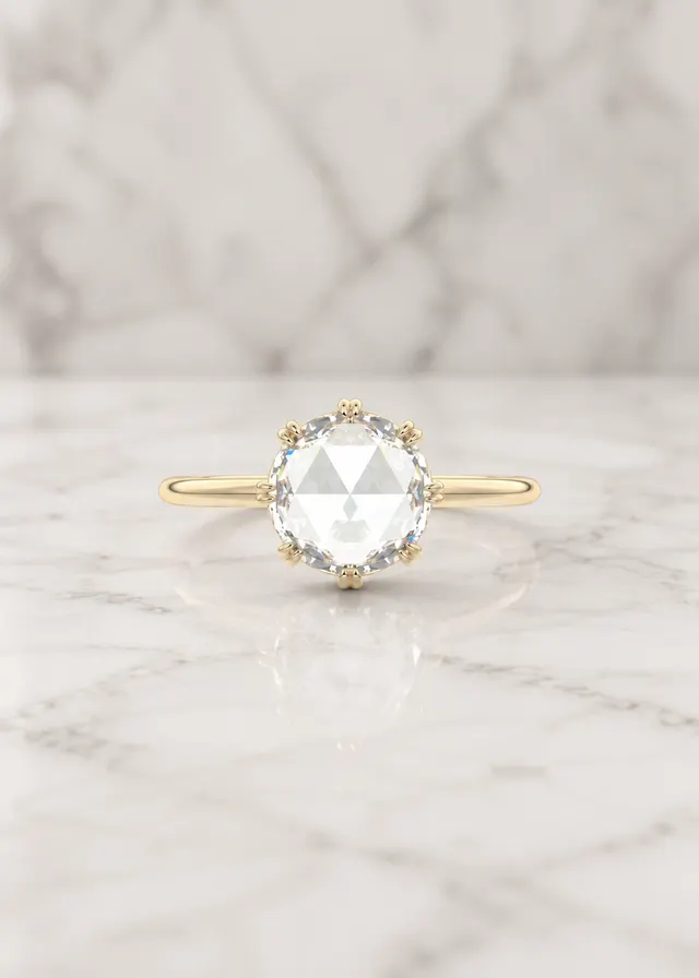 Round Rose Cut Lab Grown Diamond Engagement Ring Double Claw Prong 14K Rose Gold Vintage Solitaire