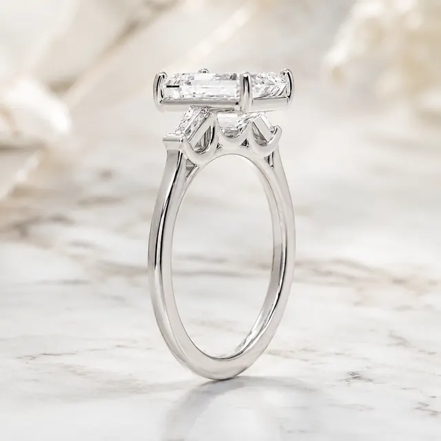 Emerald Cut Lab Grown Diamond Engagement Ring Three Stone Tapered Baguette 14K White Gold Four-Prong Bar-Set Setting - alternate view