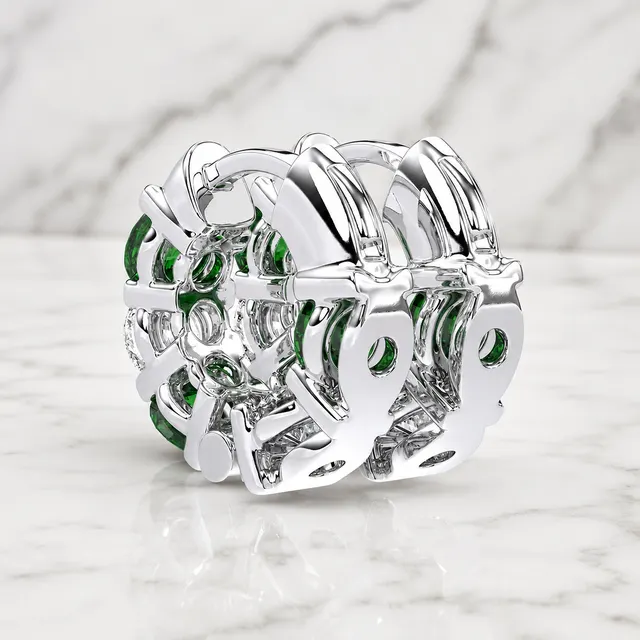 Round Lab Grown Diamond Huggie Hoop Earrings Created Emerald 14K White Gold IGI Certified 2ct - alternate view