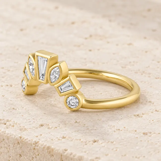 Bezel Set Diamond Ballerina Band Marquise Baguette Crown Ring 14K Yellow Gold Stacking Band - alternate view
