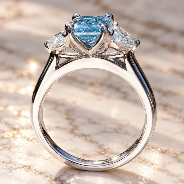 Blue Radiant Lab Grown Diamond Three Stone Ring, Half Moon Sides, IGI Certified - alternate view