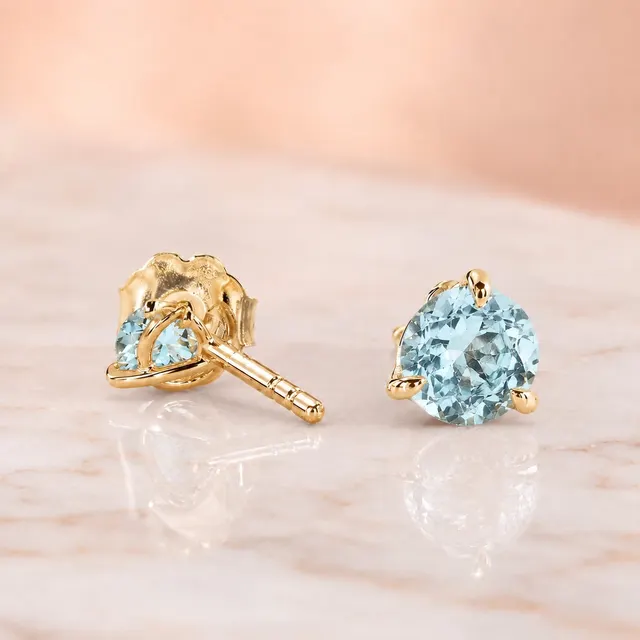 Round Aquamarine Stud Earrings 3-Prong 14K Yellow Gold 1.33 Cttw Push Back - alternate view