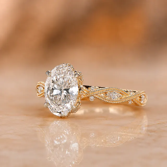 Oval Lab Grown Diamond Engagement Ring Vintage Hidden Halo 14K Yellow Gold IGI Certified 4 Carat - alternate view