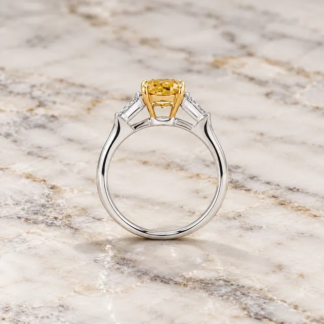 Cushion Cut Yellow Lab Grown Diamond Engagement Ring Three Stone Platinum & Yellow Gold Tapered Baguette Sides - alternate view