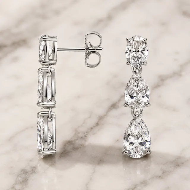 Pear Oval Lab Grown Diamond Drop Earrings Three Stone 18K White Gold 4.4 Carat Total - alternate view