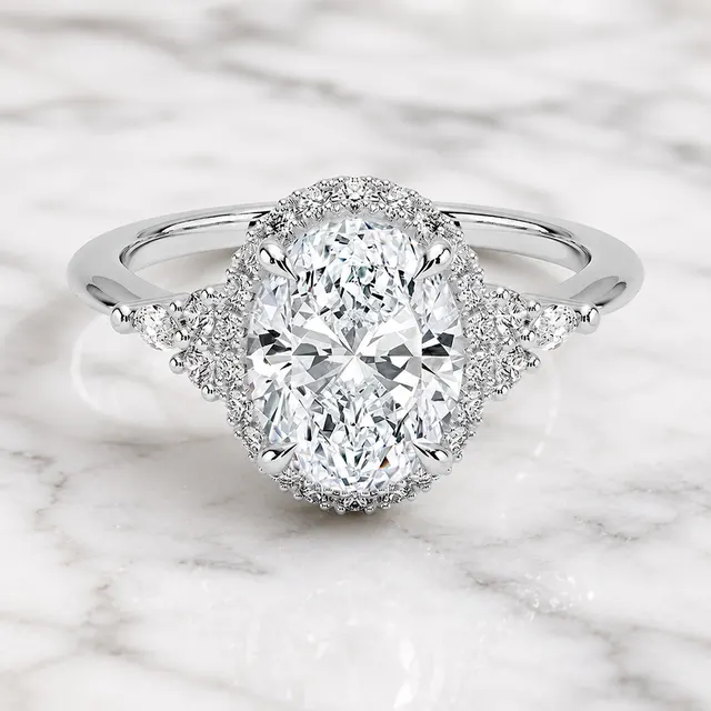 Oval Lab Grown Diamond Engagement Ring Halo with Pear Side Clusters 14K White Gold Three Stone Inspired