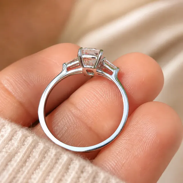 Cushion Lab Grown Diamond Engagement Ring Three Stone 14K White Gold Tapered Baguette 2 Carat - alternate view