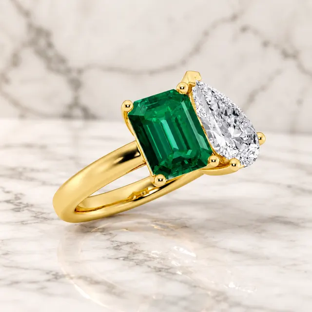 Emerald Cut Emerald & Pear Lab Grown Diamond Two Stone Ring Prong 14K Yellow Gold – 2.5ct VVS2 - alternate view