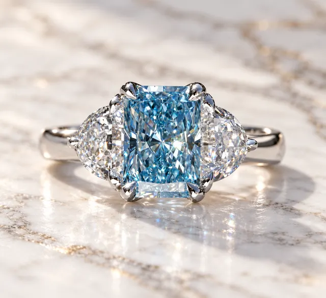 Blue Radiant Lab Grown Diamond Three Stone Ring, Half Moon Sides, IGI Certified