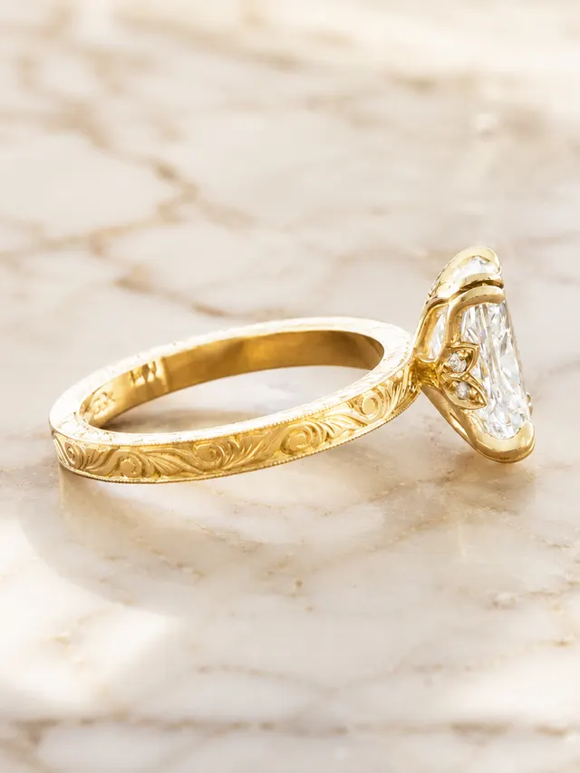 Cushion Lab Grown Diamond Engagement Ring Vintage Solitaire 14K Yellow Gold – Hand-Engraved Floral Band - alternate view