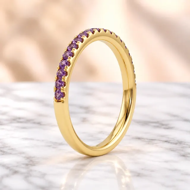 Amethyst Lab Grown Diamond Pave Wedding Band Prong-Set 14K Yellow Gold Stackable Ring for Her - alternate view