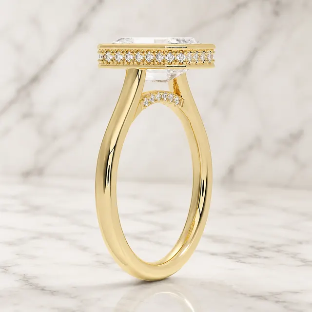 Emerald Cut Lab Grown Diamond Engagement Ring Bezel Hidden Halo 14K Yellow Gold Split Shank - alternate view