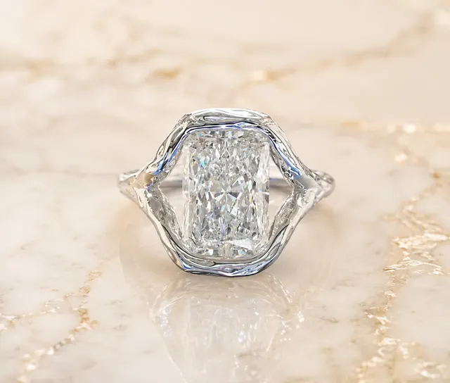 Radiant Cut Lab Grown Diamond Engagement Ring Organic Freeform Bezel 14K White Gold Split Shoulder Solitaire