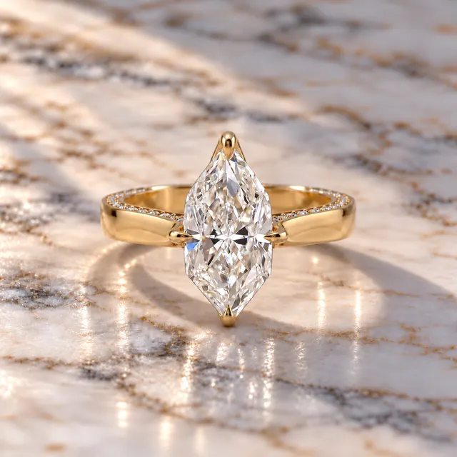 Dutch Marquise Lab Grown Diamond Engagement Ring Solitaire 14K Yellow Gold IGI Certified Pave Hidden Detail