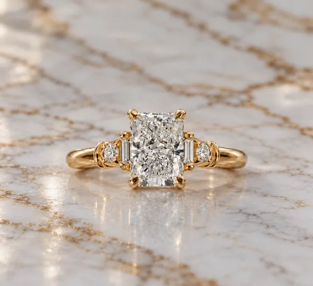 Radiant Lab Grown Diamond Engagement Ring Five Stone Art Deco 18K Yellow Gold IGI Certified