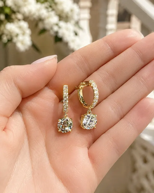 Round Lab Grown Diamond Drop Hoop Earrings Pavé Dangle 14K Yellow Gold 2ct E Color VVS2 - alternate view