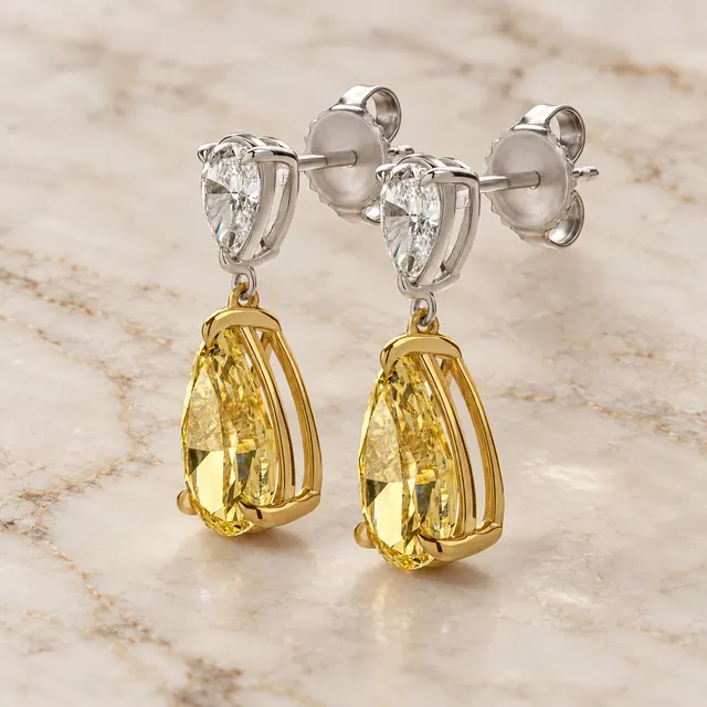 Fancy Yellow Pear Lab Grown Diamond Drop Earrings Two Stone 14K Two-Tone Gold Dangle Earrings - alternate view