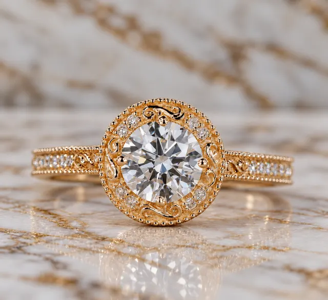 Round Lab Grown Diamond Engagement Ring Vintage Halo 14K Yellow Gold IGI Certified E VVS2