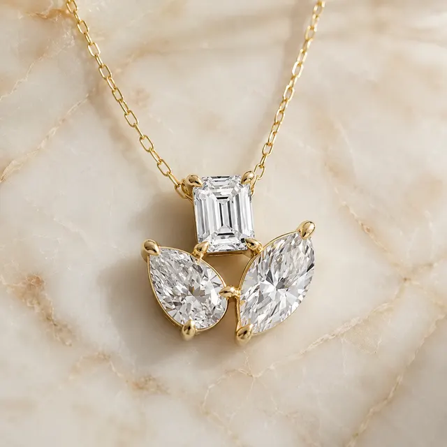 Three Stone Lab Grown Diamond Pendant Necklace: Emerald, Pear, Marquise Cuts, 14K Yellow Gold