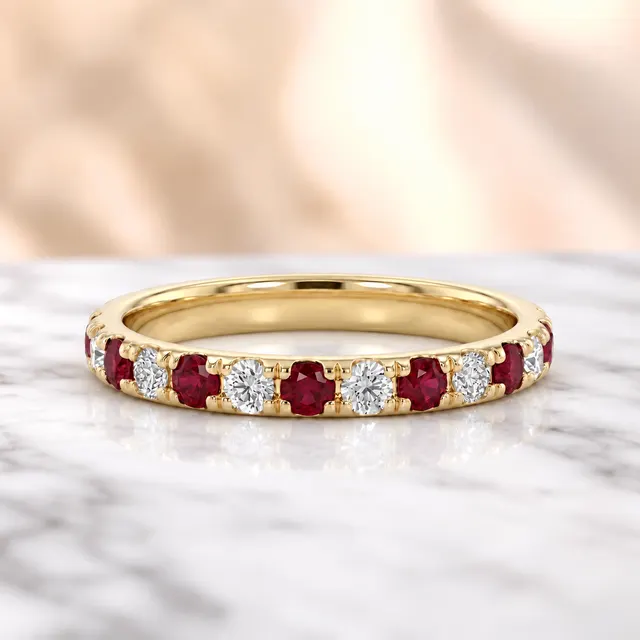 Ruby and Diamond Wedding Band Alternating Lab Grown Stones 14K Gold Stackable Anniversary Ring