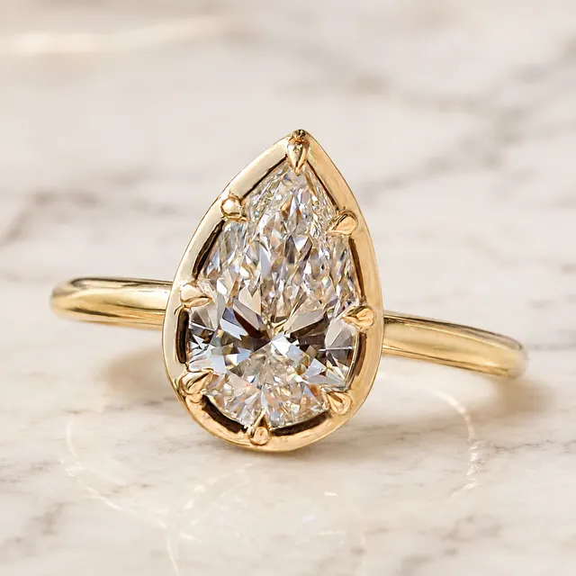 Pear Lab Grown Diamond Engagement Ring Bezel Solitaire 14K Yellow Gold 1 Carat Teardrop