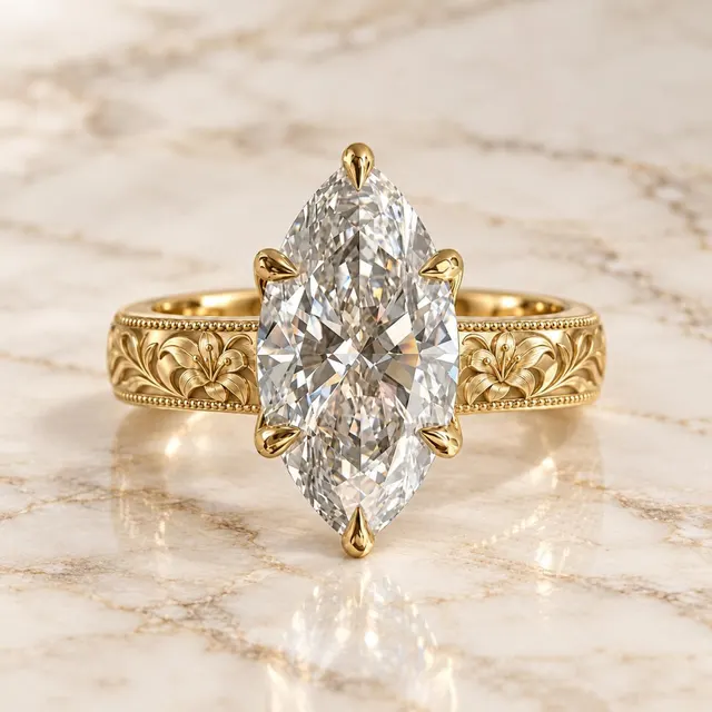 Marquise Lab Grown Diamond Engagement Ring, 14K Yellow Gold Floral Band (IGI Certified)