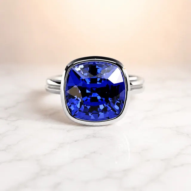 Blue Sapphire Cushion Cut Lab Grown Solitaire Ring Bezel Set 14K White Gold 2 Carat Royal Blue