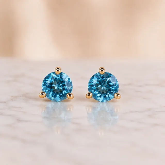 Round Blue Topaz Stud Earrings – Solitaire Prong 14K Yellow Gold – 1.93 cttw Push Back