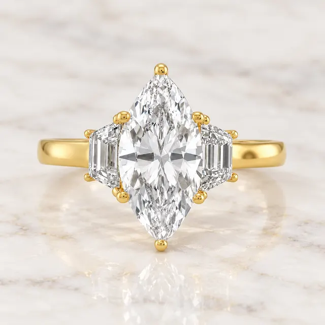 Marquise Lab Grown Diamond Engagement Ring Three Stone 14K Gold IGI Certified E/VVS2