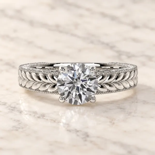 Round Solitaire Engagement Ring Setting Vintage 14K White Gold Leaf Engraving Milgrain