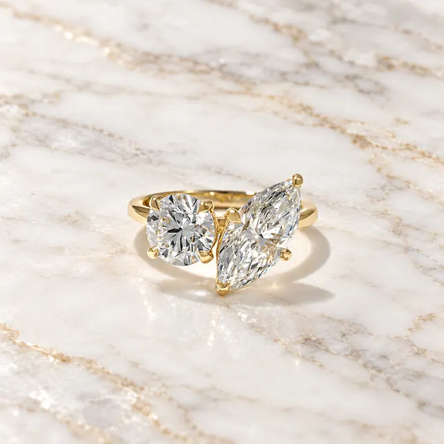 Marquise & Round Lab Grown Diamond Engagement Ring Two Stone Toi et Moi 14K Yellow Gold