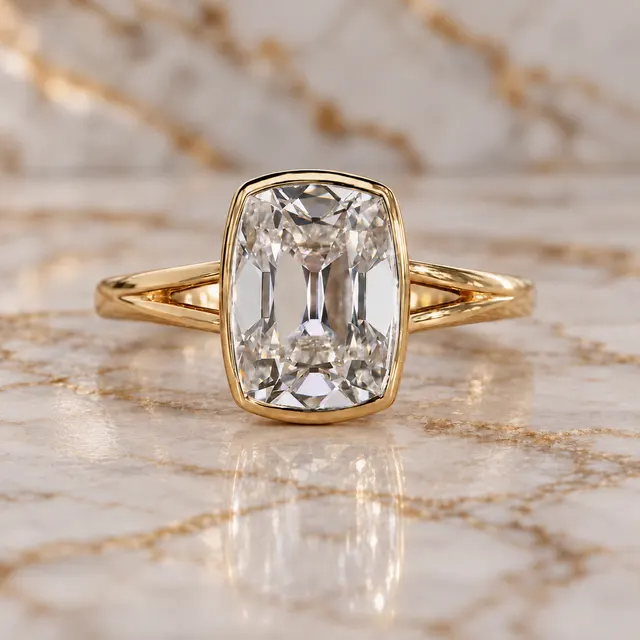 Cushion Old Mine Lab Grown Diamond Engagement Ring Bezel Split Shank 14K Gold IGI Certified E VVS2