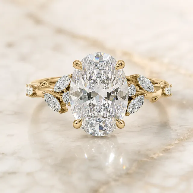 Lab-Grown Oval Diamond Engagement Ring, 14K Yellow Gold Leaf Vine Band