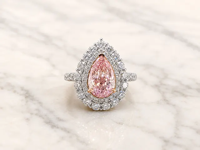Pink Pear Lab Grown Diamond Engagement Ring Double Halo Two-Tone 14K Gold  Rose Gold Prongs