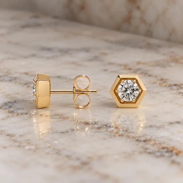 Lab Diamond Stud Earrings Hexagon Bezel 14K Yellow Gold Round Cut Gift for Her - alternate view