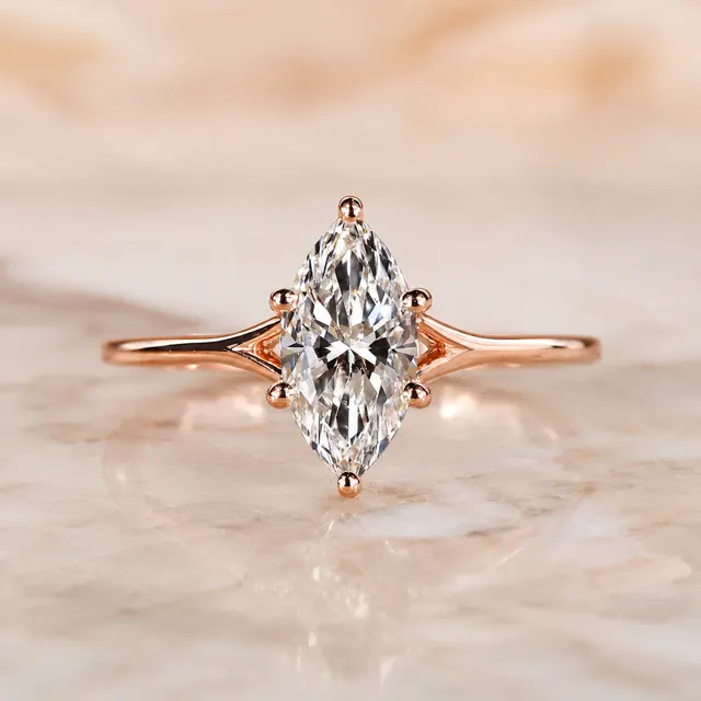 Marquise Lab Grown Diamond Engagement Ring Split Shank Solitaire 14K Rose Gold IGI Certified 1 Carat E VVS2