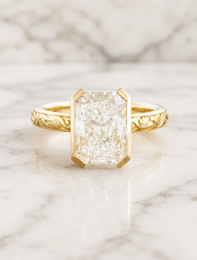 Radiant Lab Grown Diamond Engagement Ring Semi-Bezel Solitaire 18K Yellow Gold – IGI Certified