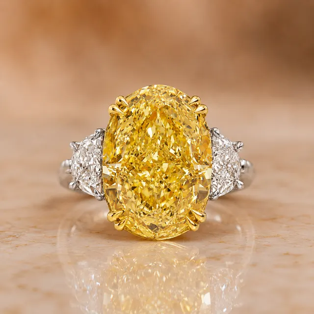 Fancy Intense Yellow Oval Lab Grown Diamond Engagement Ring Three Stone Platinum 18K Gold IGI Certified